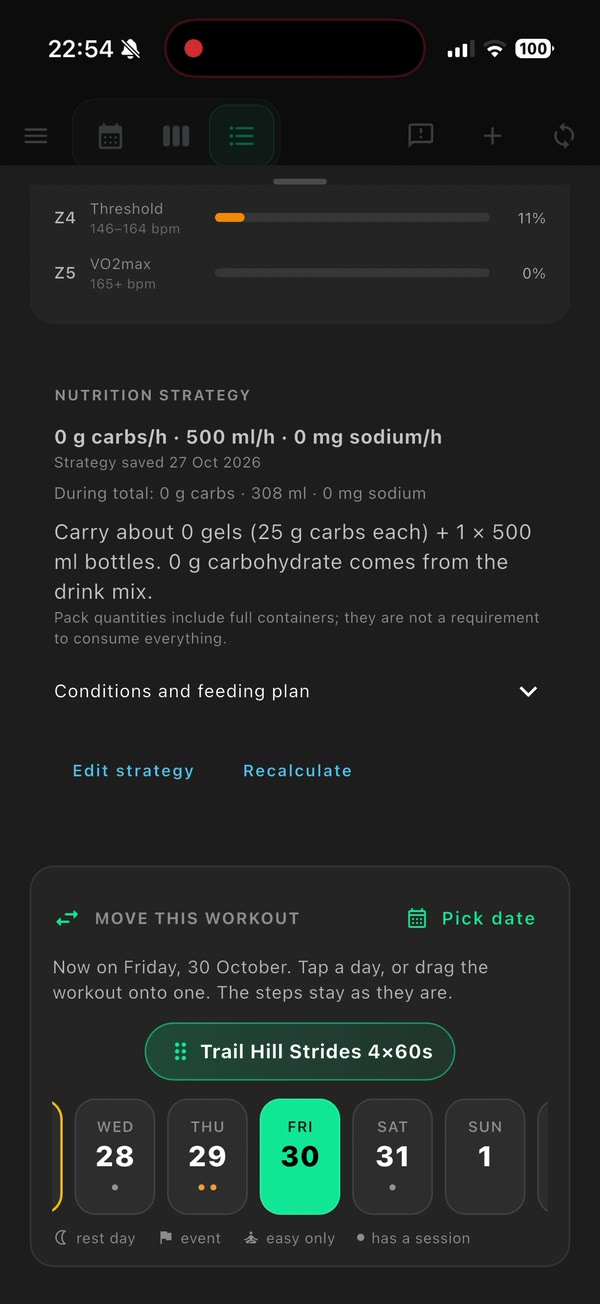 Workout details showing a nutrition strategy and provider sync actions.